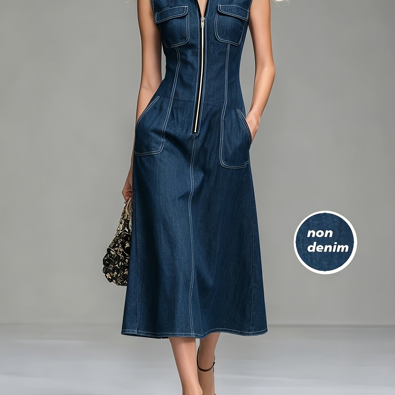 item picture printed pants not denim fabric   summer womens sleeveless zipper dress waist cinching midi length workwear style maxi dress non denim