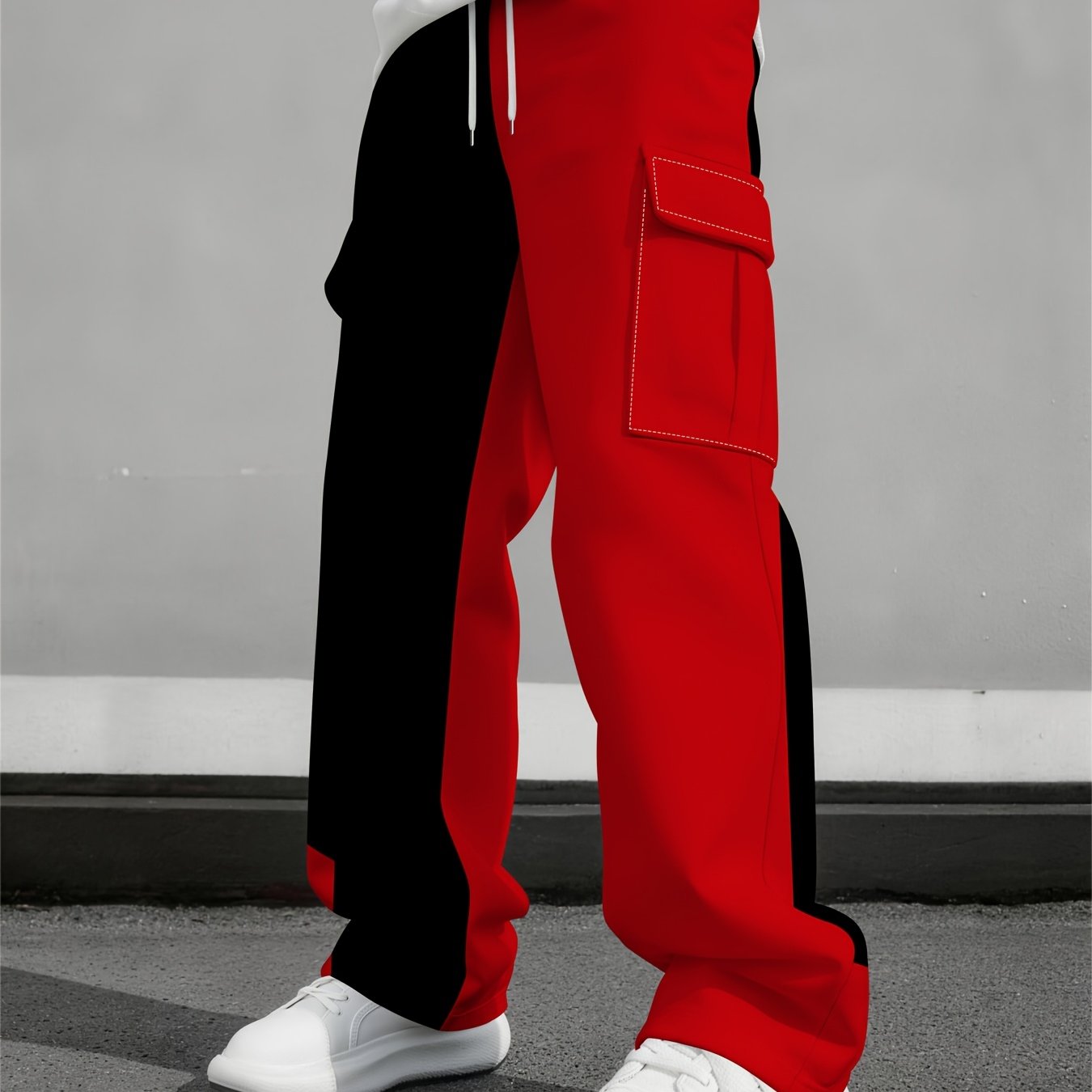 TEMU Men's Spring Summer Autumn New Versatile Trousers, Trendy Red Black Color Block Cargo Pants, Casual Outdoor Multi- Loose Straight Pants