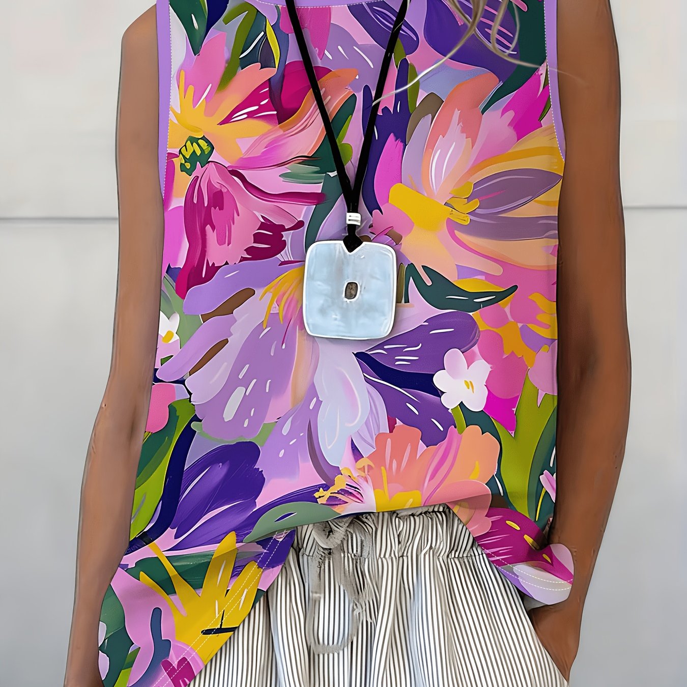 TEMU Sleeveless Round Neck Vest Top, Watercolor Print, Soft And Comfortable Casual Wear