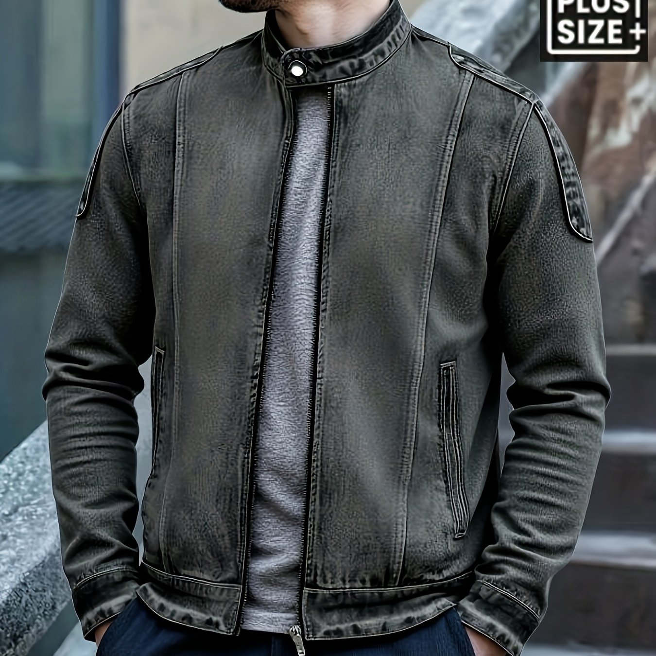 Image of Hme Men's Plus-size Streetwear Denim Jacket | 3d Tailored Design, Heavy Washed Non-stretch Fabric, Zip-front Closure, Unique Hidden Collar Buttons, Ideal For Casual Occasions, Style, Plus Size