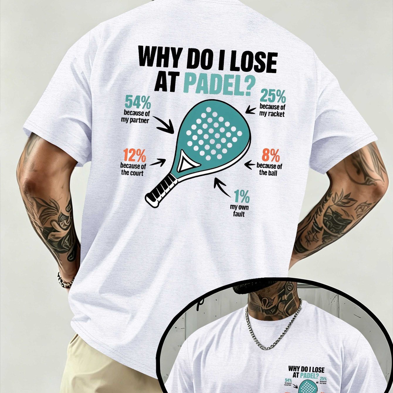 TEMU Why Do I Lose At Padel Men's Spring Summer Printed Short Sleeve Top, Relaxed Fit, Breathable Moisture Wicking Transfer T-shirt
