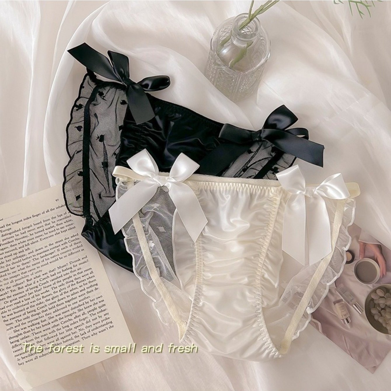 Image of 2pcs French Sexy Polka Dot Underwear For Women, High Slit Sweet Bow For, Lace, Black Fungus Edge, Pure Crotch Triangle