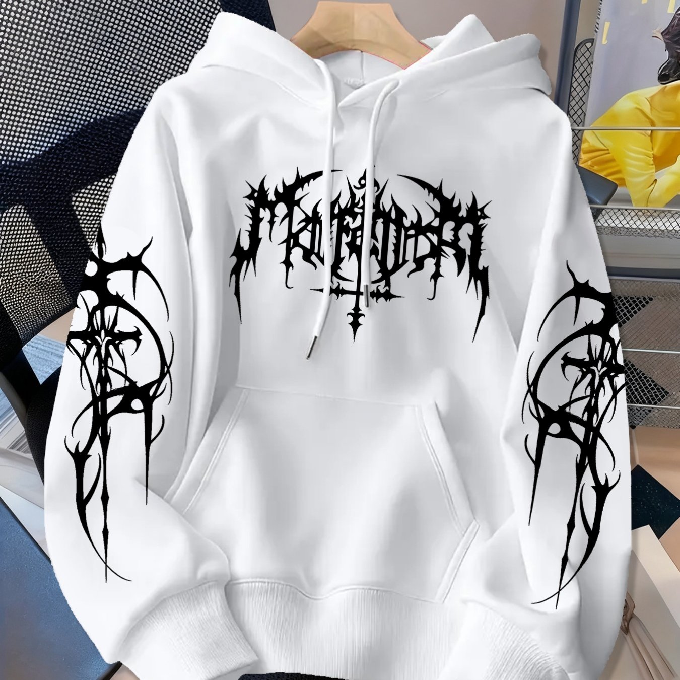 TEMU American Dark Style Thorn Letter Sweatshirt, Dark Print Hooded Sweatshirt For Men And Women, Trendy Brand Loose Casual Top, Vintage Fashion