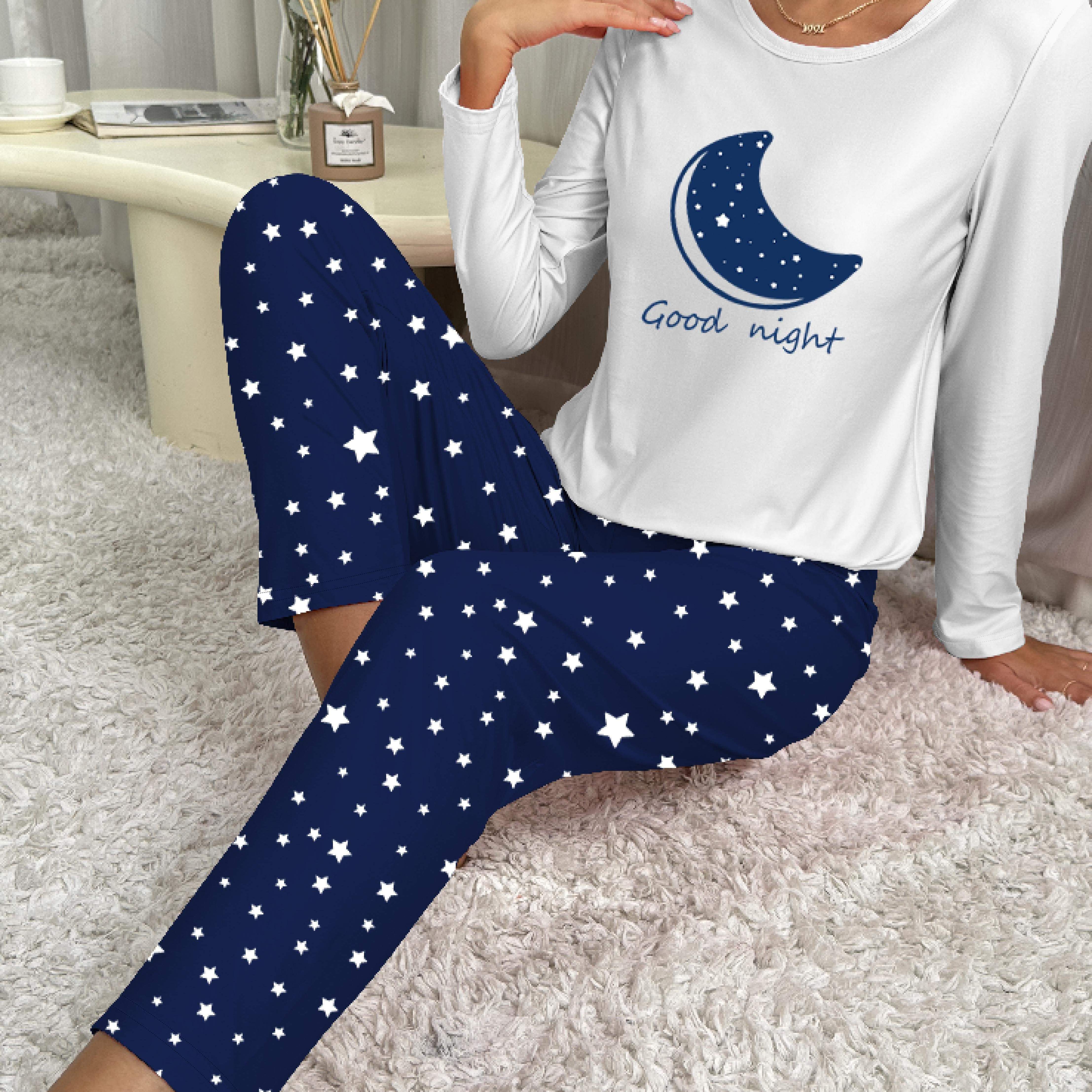 TEMU ープリントパジャマセット、ロングスリーブクルーネックトップ＆ウエストバンドパンツ、女性用スリープウェア＆ルームウェア