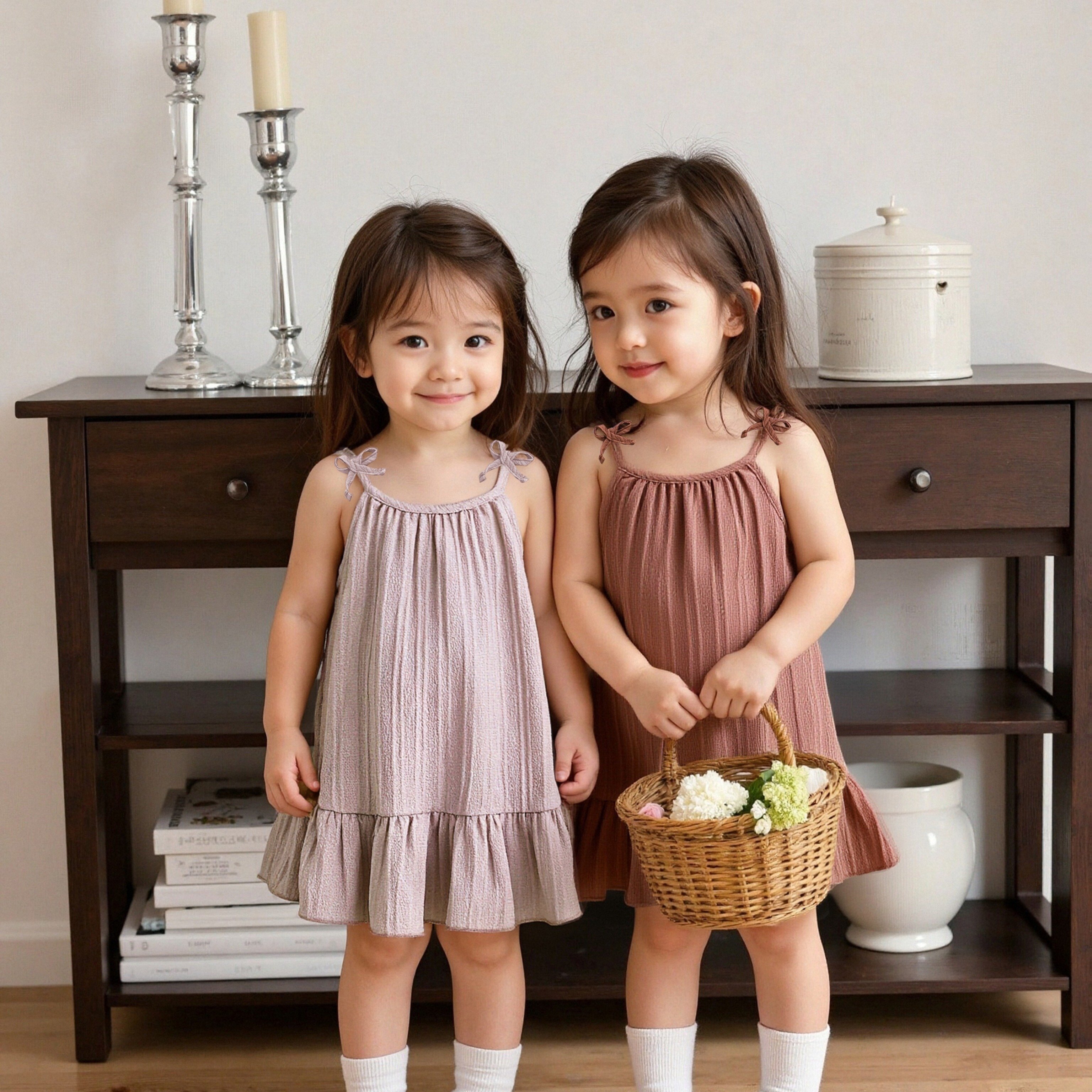 2pcs Set Solid Color Textured Fabric Bow Decoration Ruffle Hem Fresh And Cute Camisole Dress For Girls, Bust Stretch