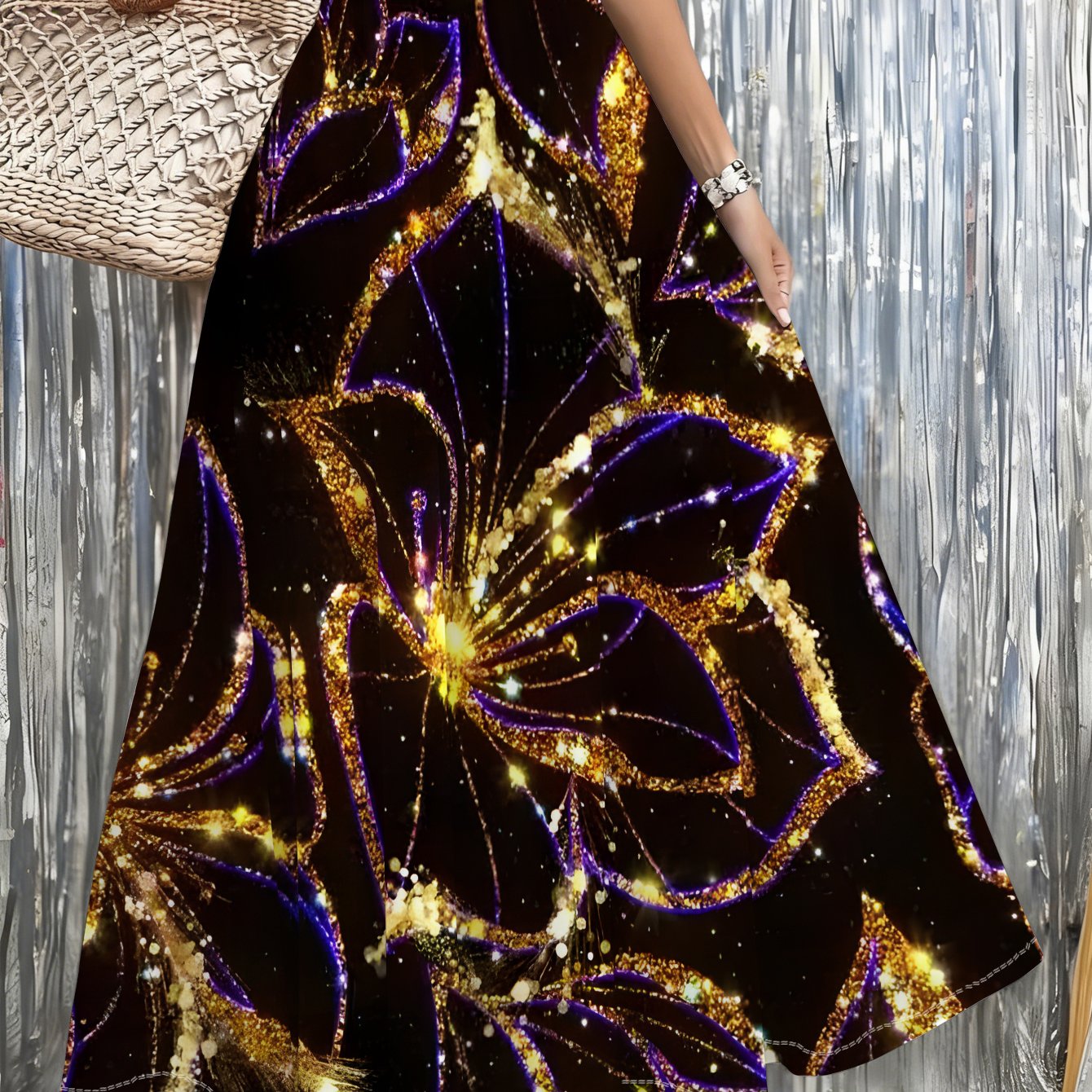TEMU Womens Skirt Womens Maxi Skirt With Golden Floral Pattern, Perfect For Beach, Parties, Festivals, And Casual , Lightweight & , Stylish Holiday