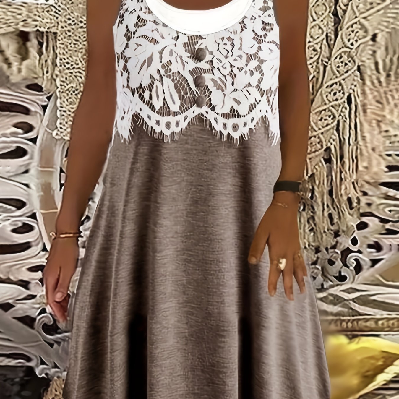 E-shop Damens Elegantes Spitzenbesatz Kleid ohne Ärmel - Sommer Rundhalsausschnitt A-Linie Maschinenwaschbar Einfarbig von Casual bis Semi-Formal,