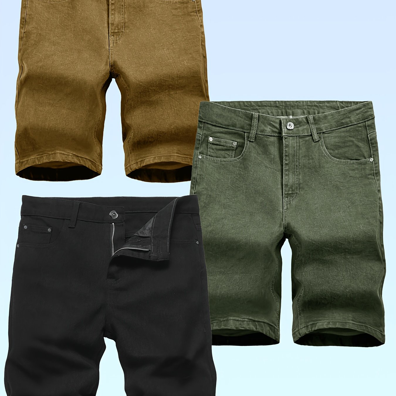 3pcs Men's Slim-fit Denim Shorts, Trendy Washed Stretch Casual Shorts, Unique Whiskering Design, Stretch Casual Shorts, A Trendy For Summer