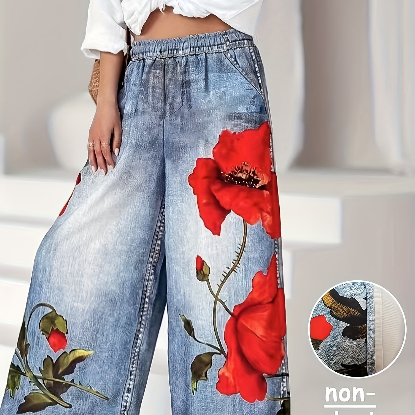 TEMU 【imitação denim】[imitação Denim][ Denim Print/Imitação Denim] Calças largas estampadas para mulheres, com cintura elástica e material leve para