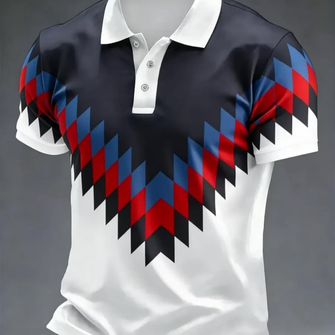 TEMU Printeddesign-nottextured 2dprintingmen's Short-sleeved Shirt, Men's Red And Blue Checkered V-shaped Contrast Shirt, Vintage Style Turn- Collar