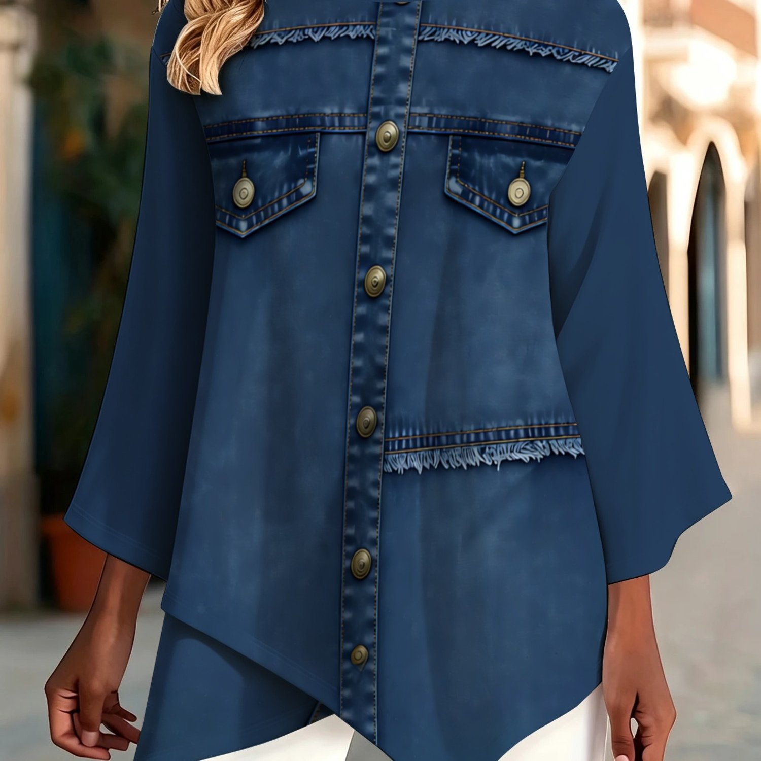 TEMU Grande Taille - Veste en Jean pour Femme, Style T-Shirt Grande Taille, Ronde avec Patte de Boutonnage et Rabats de Poches, Détails de Coutures