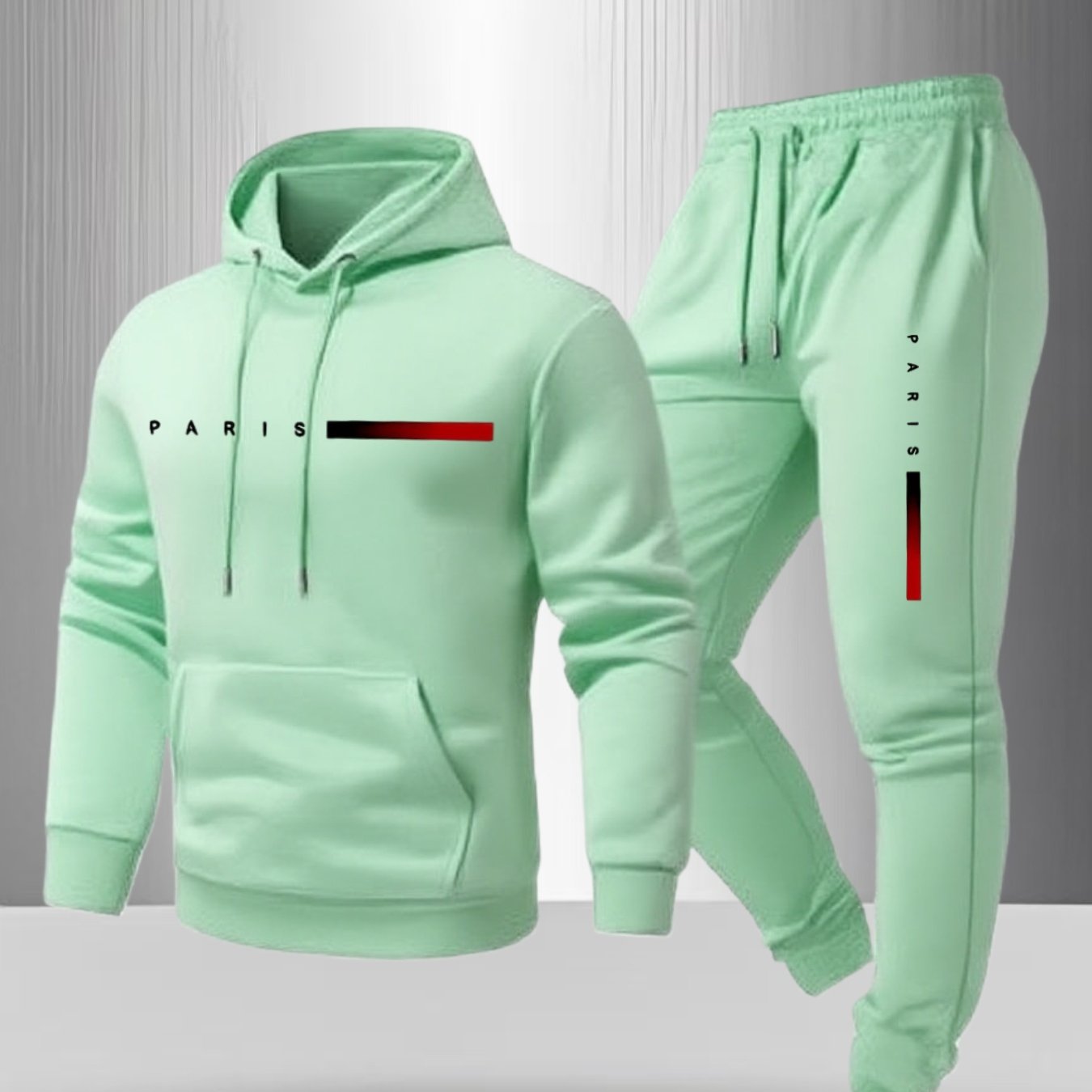 Image of 2-pc, New Autumn Men's Casual Cartoon Paris Letters Drawstring Pocket Hoodie And Sports Drawstring Pants With Kangaroo Pocket 2-pc, Perfect For All Holiday Gifts