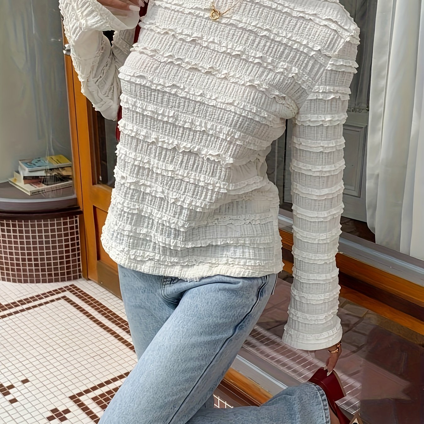 E-shop QD0826204 Einfarbiges Strukturiertes Langarmshirt, Geeignet für Frühling, Sommer Herbst. Herbstoberteil, Weißes Strukturiertes Oberteil, Bequeme