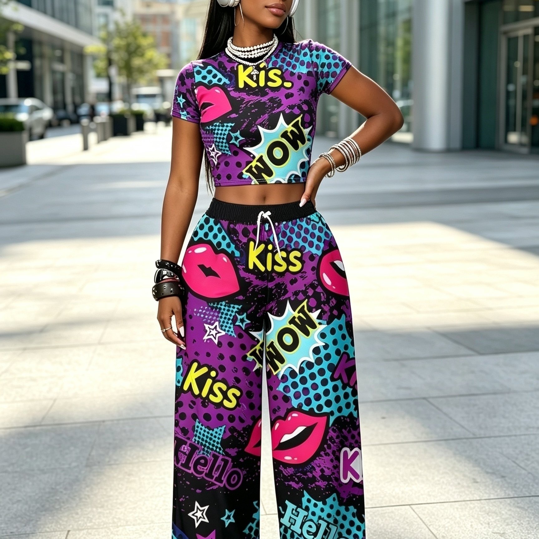 TEMU American-style Hot Street Style Ceiling! Pop Art Comic Graffiti, Short-sleeve And Long-pants Set That's Cool, , And Super Attention-grabbing