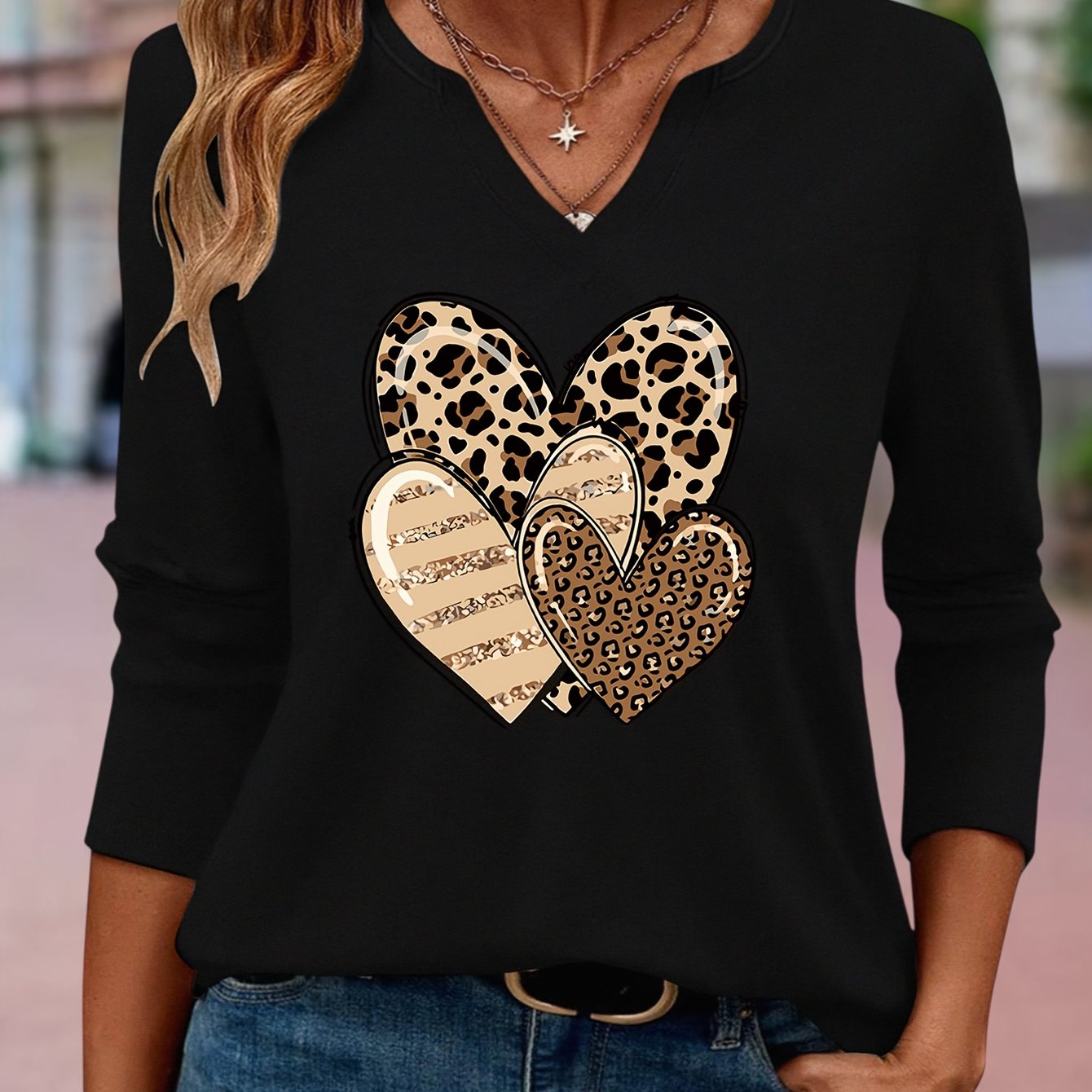 TEMU Leopard Print Heart Pattern Casual V-neck Three-quarter Sleeve T-shirt For Women In A Easy And