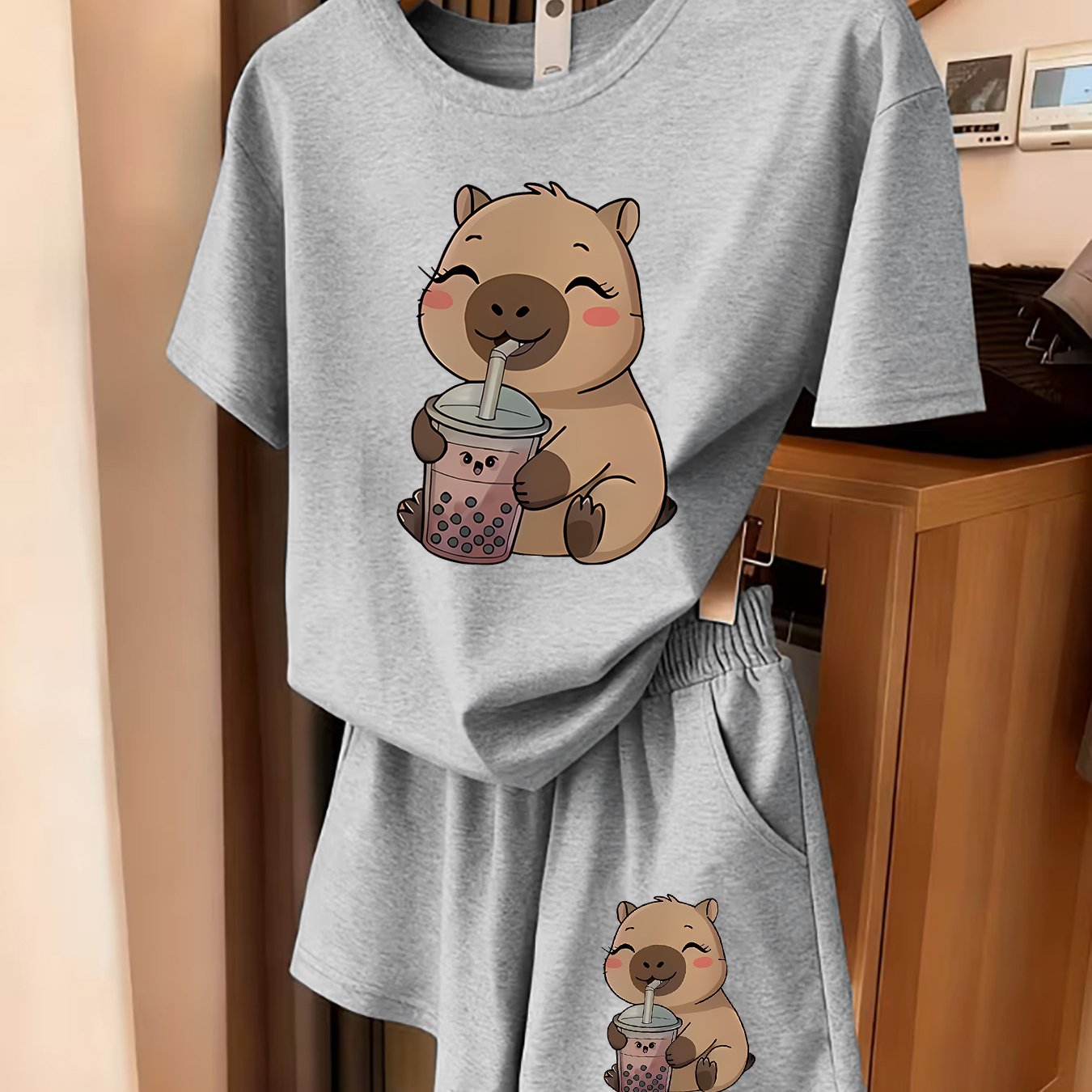 TEMU 2pcs Women's Spring Summer Short Sleeve & Shorts Matching Outfit - Capybara Print Pajamas Gym Wear Sleepwear, Soft Breathable Pajamas,