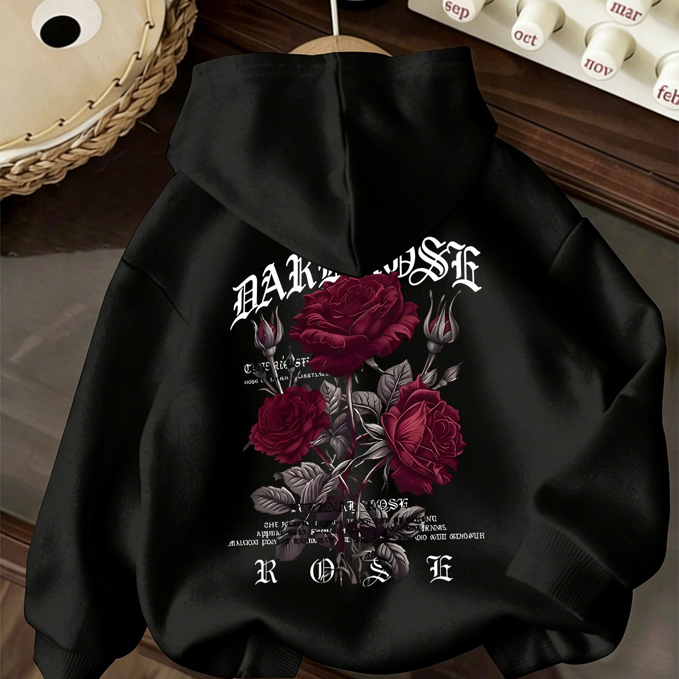 Image of Y2k Casual Hoodie With A Gothic Style! Featuring Red Roses And Gothic Font Design, This Dark-themed Sweatshirt Is Perfect For . Vintage And Romantic, Ideal For Wearing , Autumn, And Winter, For
