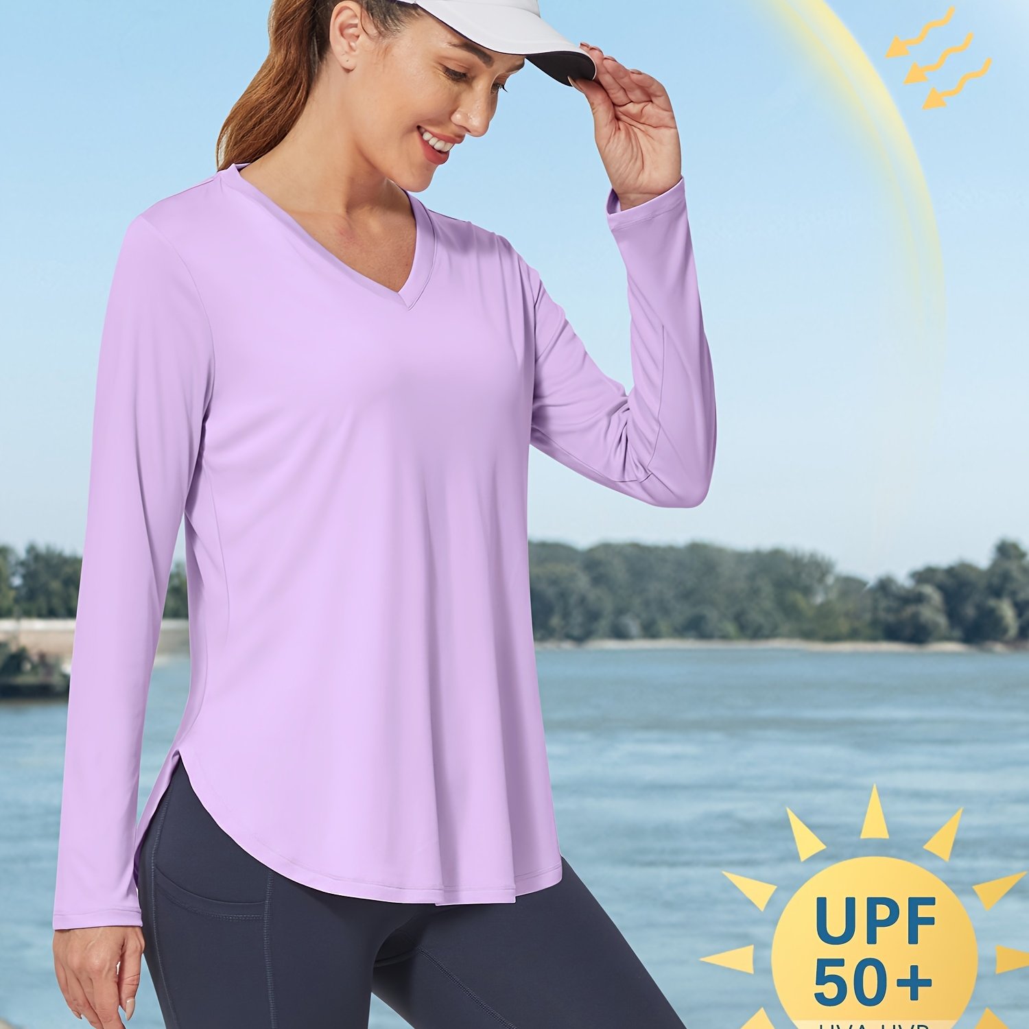 Plain V Neck Sun Protection T shirt Long Sleeve Loose Fit - Temu