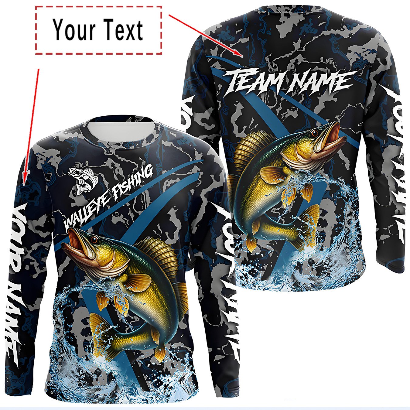 TEMU Men's Custom Long-sleeve Fishing T-shirt | Blue And Black Color Scheme, Breathable Moisture-wicking Polyester, Suitable For , Ideal For Outdoor