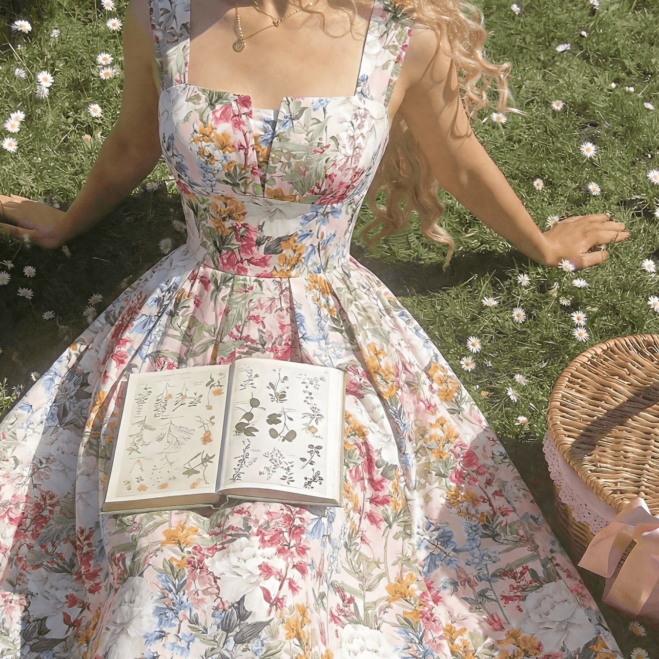 E-shop Damen Frühling/Sommer romantisches Kleid mit Blumendruck, taillierend, elegant, mit Spaghettiträgern für Urlaub Dates