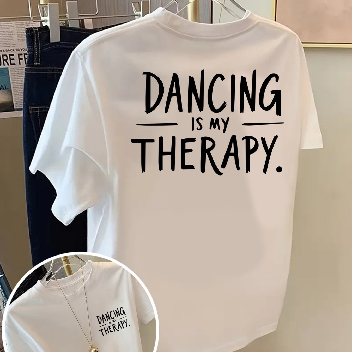 E-shop Tanzen ist meine Therapie, Tanztherapie Print T-Shirt Kurzarm Rundhalsausschnitt Freizeit Top für Sommer Frühling, Damenbekleidung