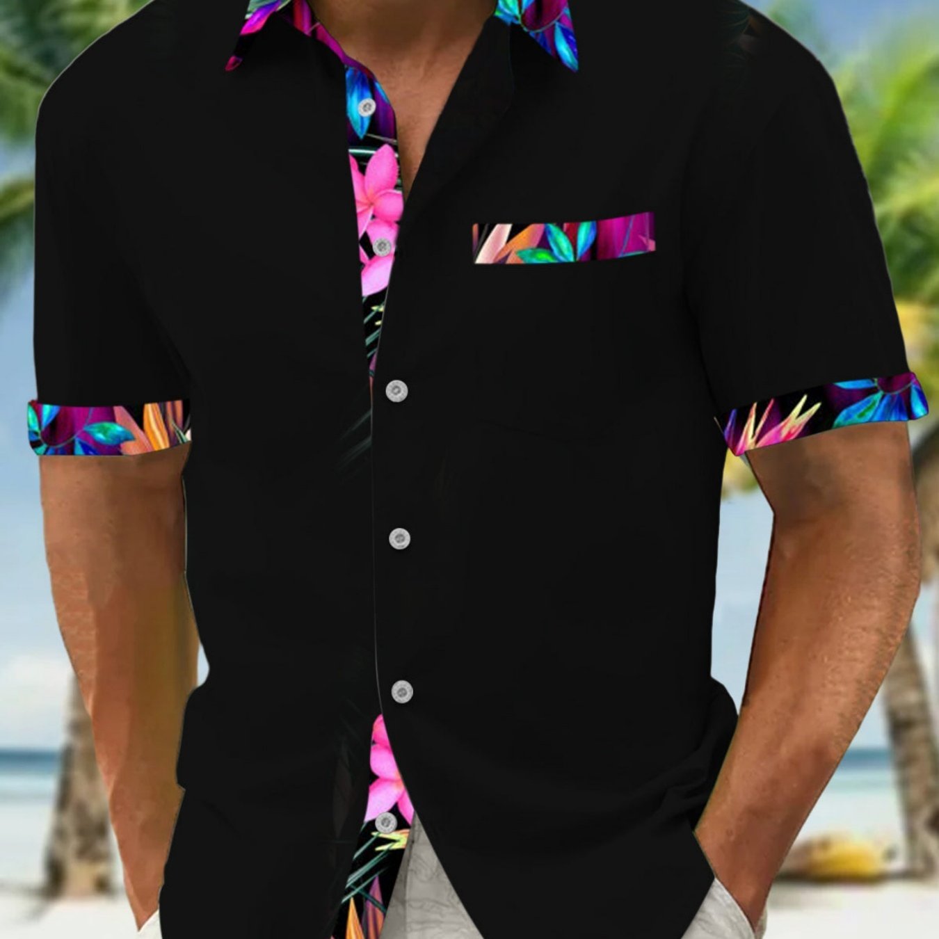 Image of Men's Father's Day Short-sleeved Casual Shirt Colorful Floral Hawaiian Shirt With Pockets Suitable For Summer Dates Beach Vacations And Daily Commutes Makes A Great Gift