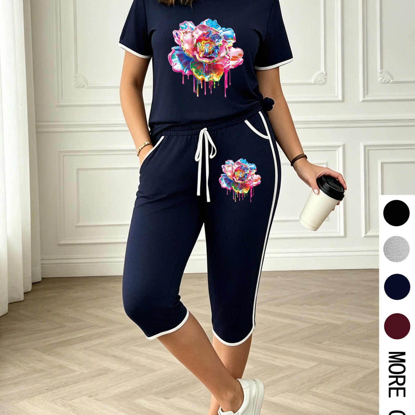 TEMU Plus Size - Plus Size - Casual Plus Size Women 2pcs Set, Summer Colorful Round Neck Short Sleeve Top And Binding Loose Capri Pants With Pockets,