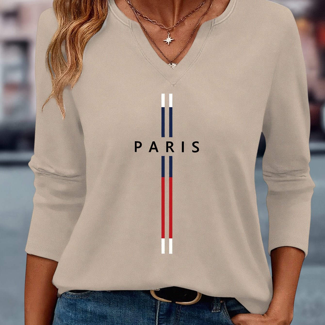 E-shop Damen Paris-Schriftzug & Französische Motive V-Ausschnitt 3/4-Ärmel Bluse - Casual Elegantes T-Shirt, Mitteldehnbar Frühling/Herbst Top,