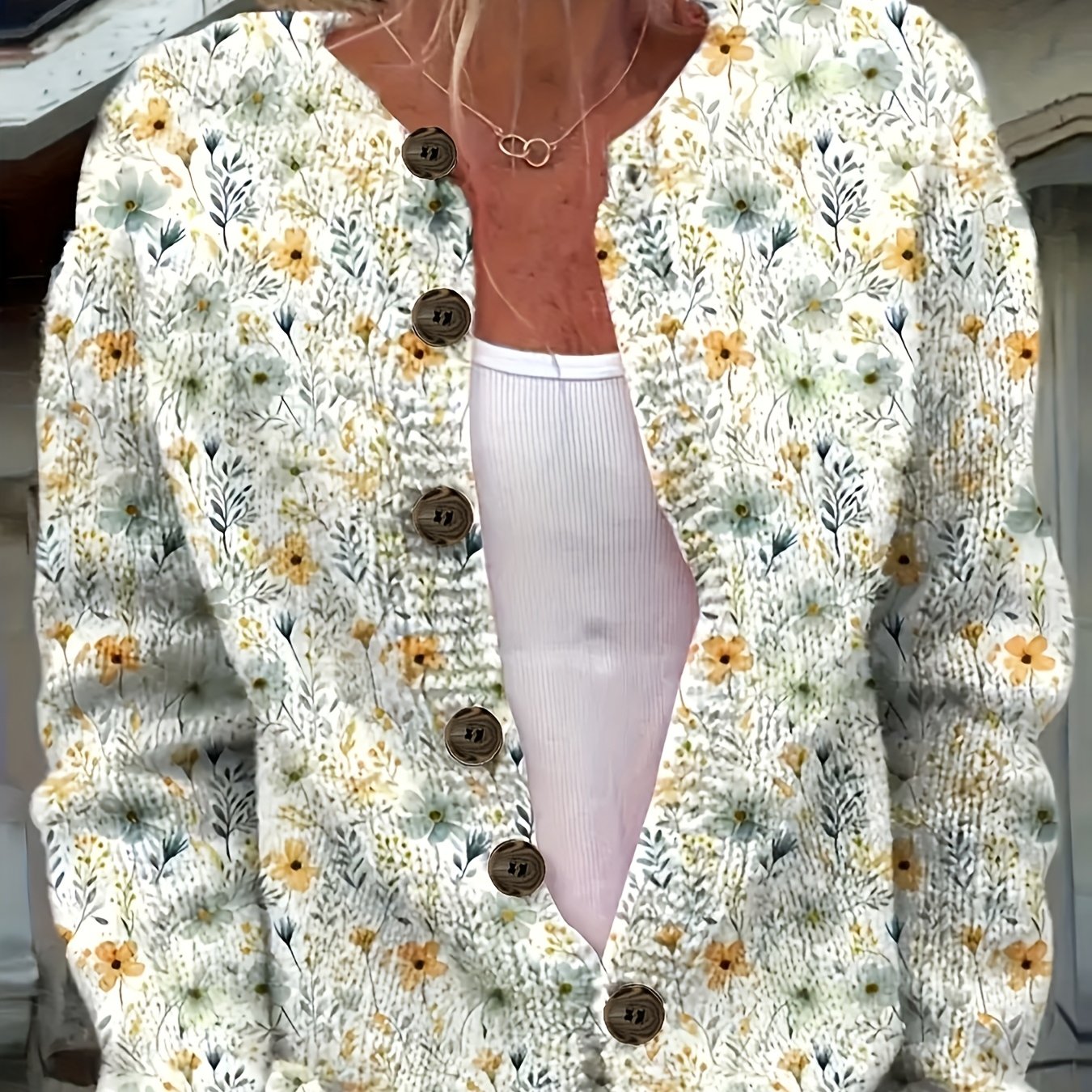 TEMU 2d Flat Pattern Spring/autumn Fashion Versatile Round Neck Long Sleeve Cardigan Women's Top Floral Pattern Flat Trendy Women's Wear Women's Thin