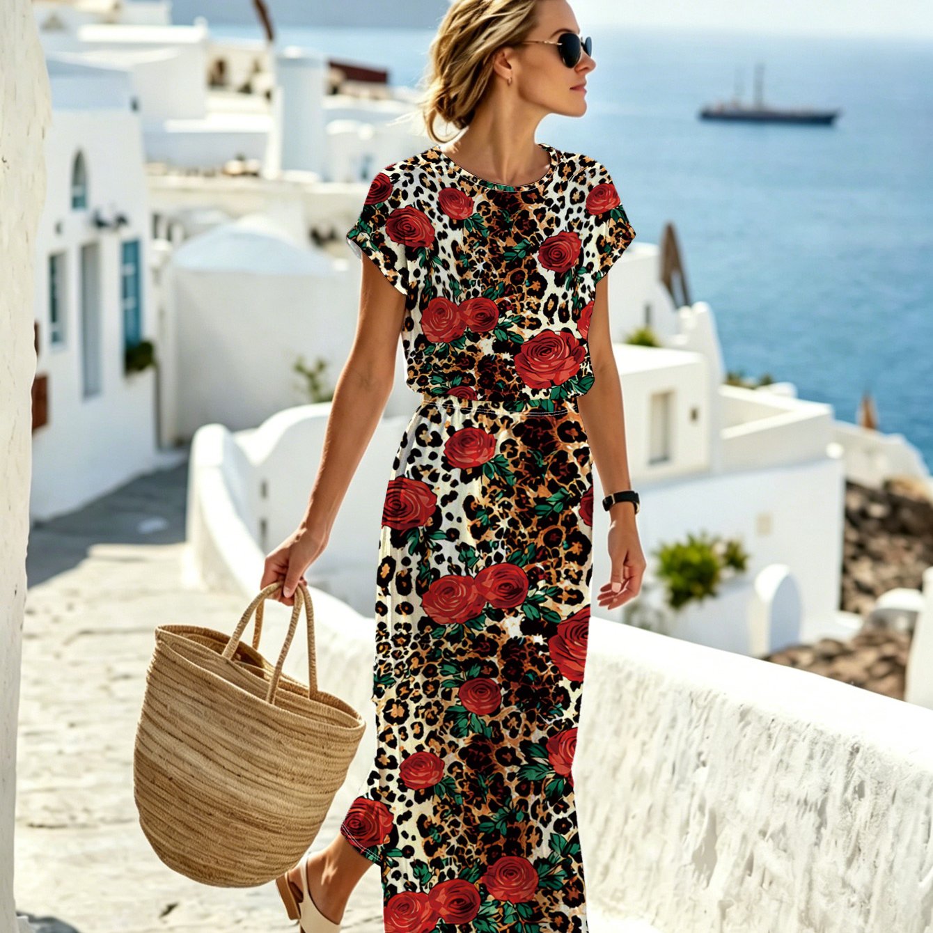 TEMU Women's Short-sleeve Skirt Set With Leopard Print And Rose Floral Pattern, Featuring Pockets, Elegant And Stylish, Suitable For Daily Commutes,