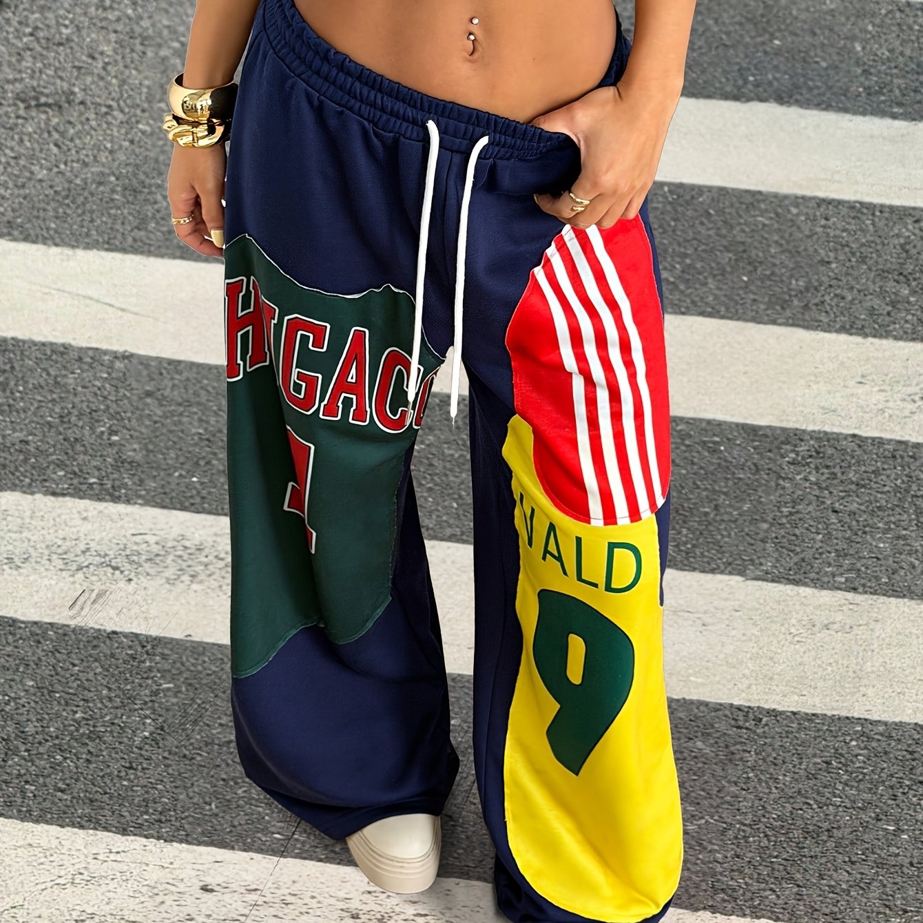 TEMU [printed Design - Not Textured] New Hot Street Trendy Digital Letter Patch Casual Women's Drawstring Wide-leg Long Pants