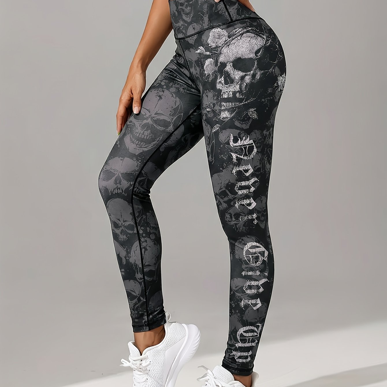 E-shop Damen High-Waist Yoga Hose mit Totenkopf-Buchstaben-Print, High-Stretch Bauchkontrolle Po-Lifting Fitness Leggings, geeignet für lässige