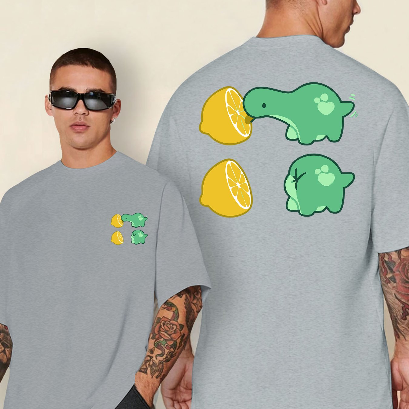 TEMU Men's Casual Lemon Dinosaur Print T-shirt | Crew Neck, Stretch Fabric, Regular Fit, Perfect For Summer