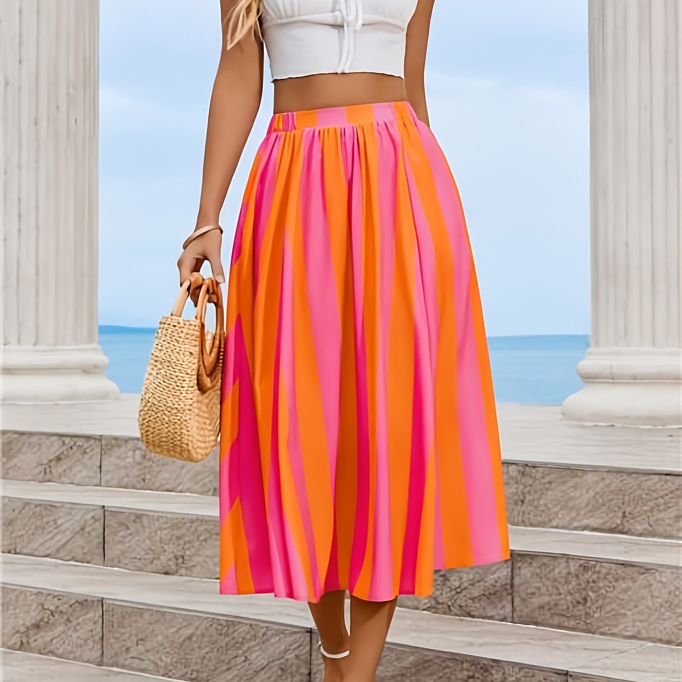 Women's Casual Striped Stretch Waist Skirt