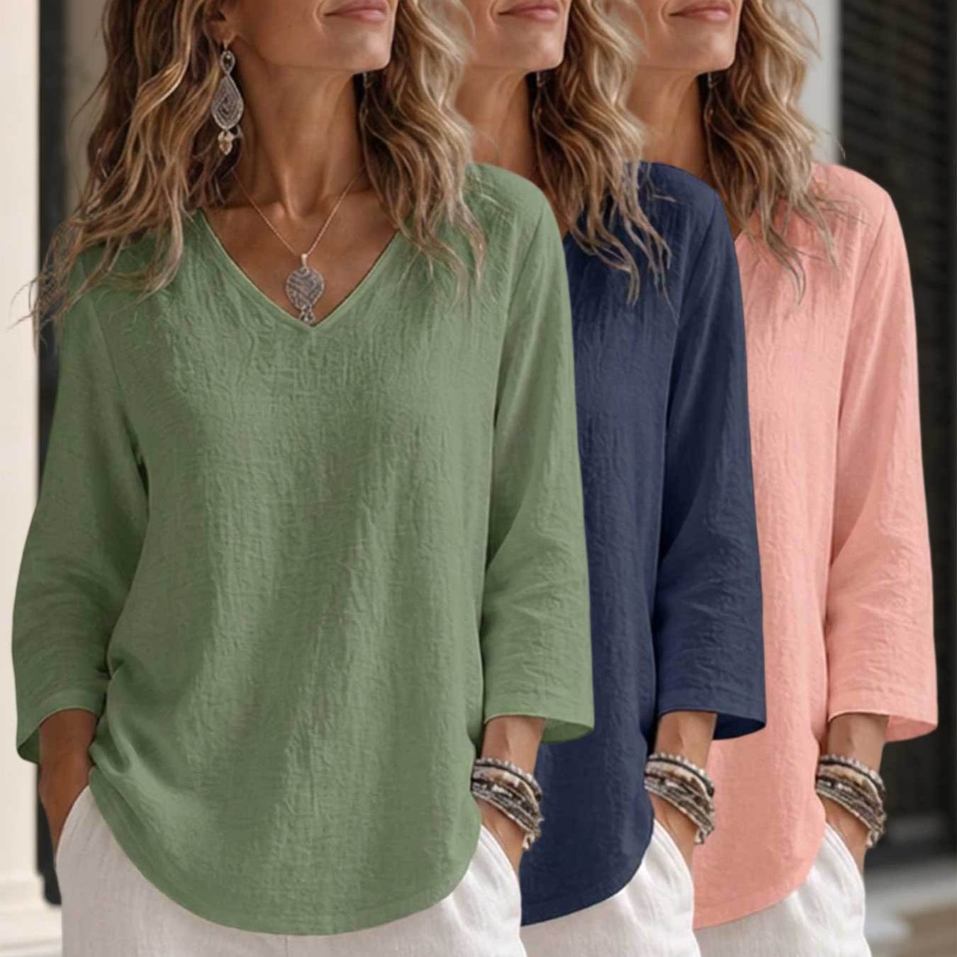 TEMU Solid Color 3pcs Set, /summer Women's Top, No Print, Casual, Versatile, Commuting, Outdoor, Loose Fit, V-neck, Three-quarter Sleeve Apparel
