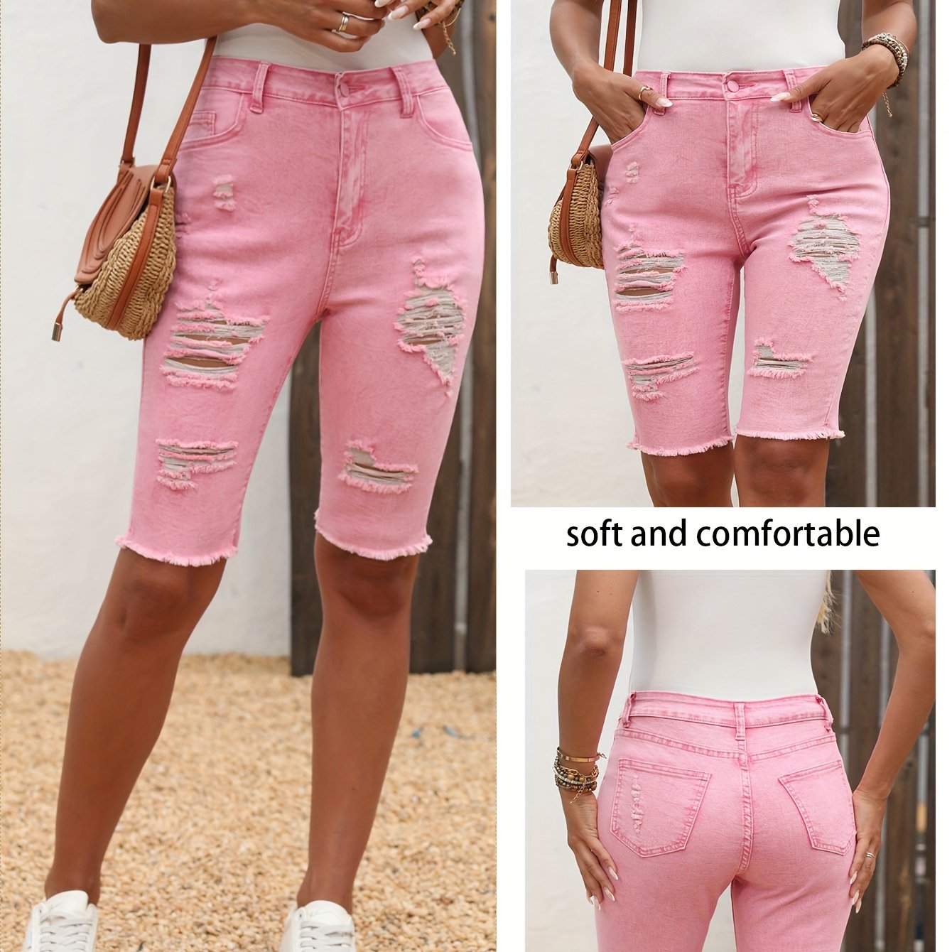 Image of Western Fashion Ripped High-waisted Stretch Casual Pants For Plus Size Women, Versatile Pink Denim Capri Pants, Style 13-2218397