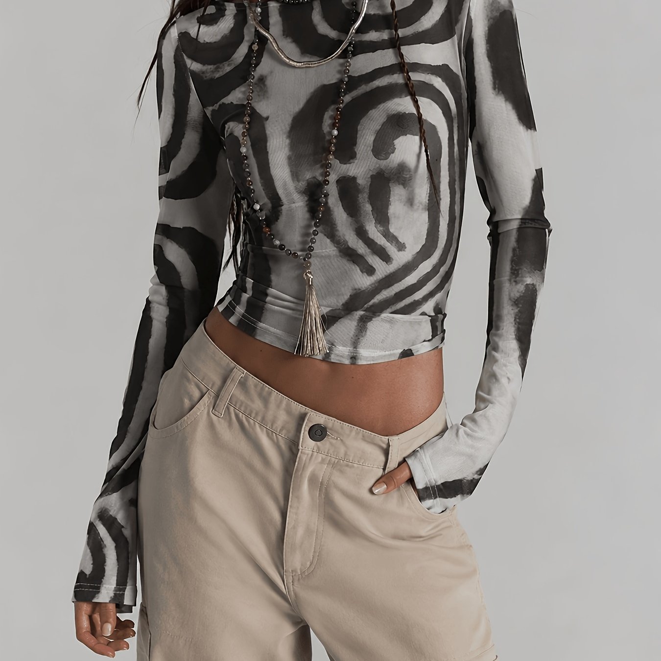 TEMU Top corto da donna con stampa astratta a maniche lunghe, maglietta aderente in mesh Y2K, base ed elastico, top trendy in stile streetwear per
