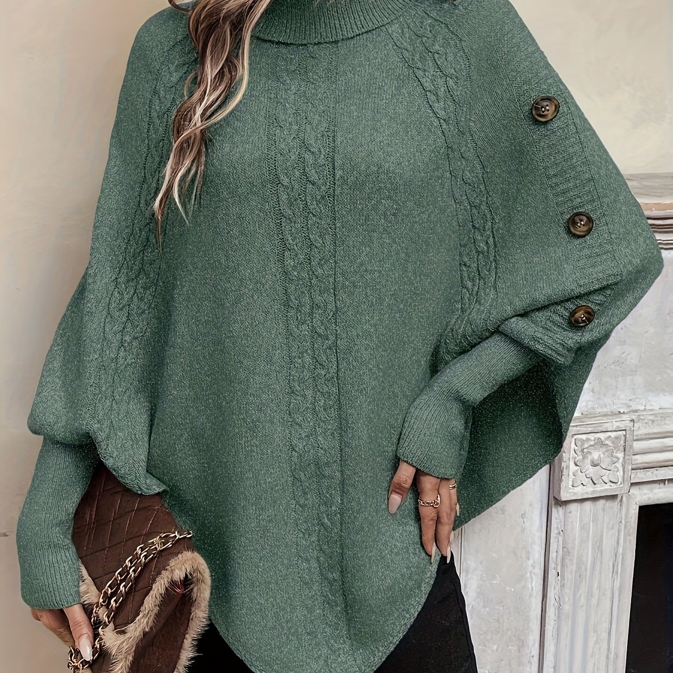 TEMU Premium Solid Color Long Sleeve Sweater Women's Fashion High Neck Pullover