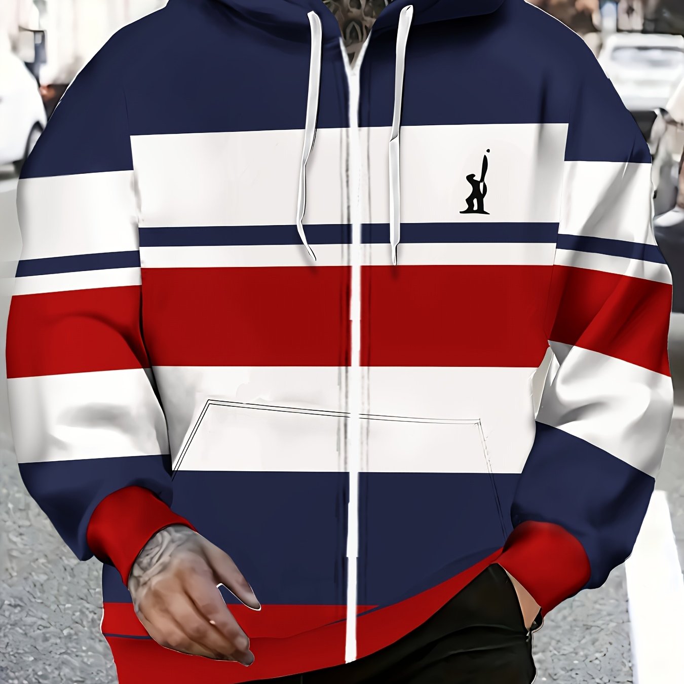 Men's Long Sleeve Zip-up Thick Striped Pattern Hooded Sweatshirt, Autumn Winter Casual Outdoor Jacket With Drawstring And Pockets
