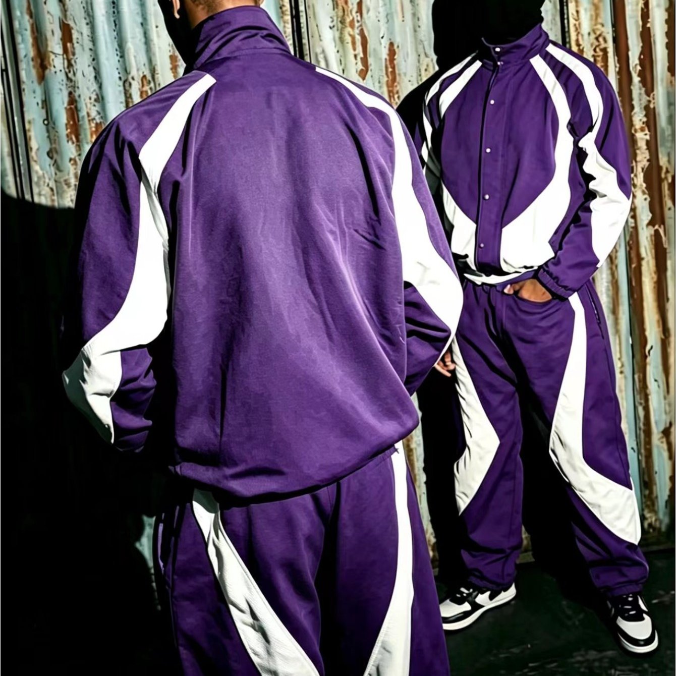 Image of Men's American 90s Retro -piece Sports Set Arc Large White Splicing Collar Zipper Jacket And Loose Pendant Wide-leg Bundle Pants Trendy Hip-hop Leisure Set Men's Wear