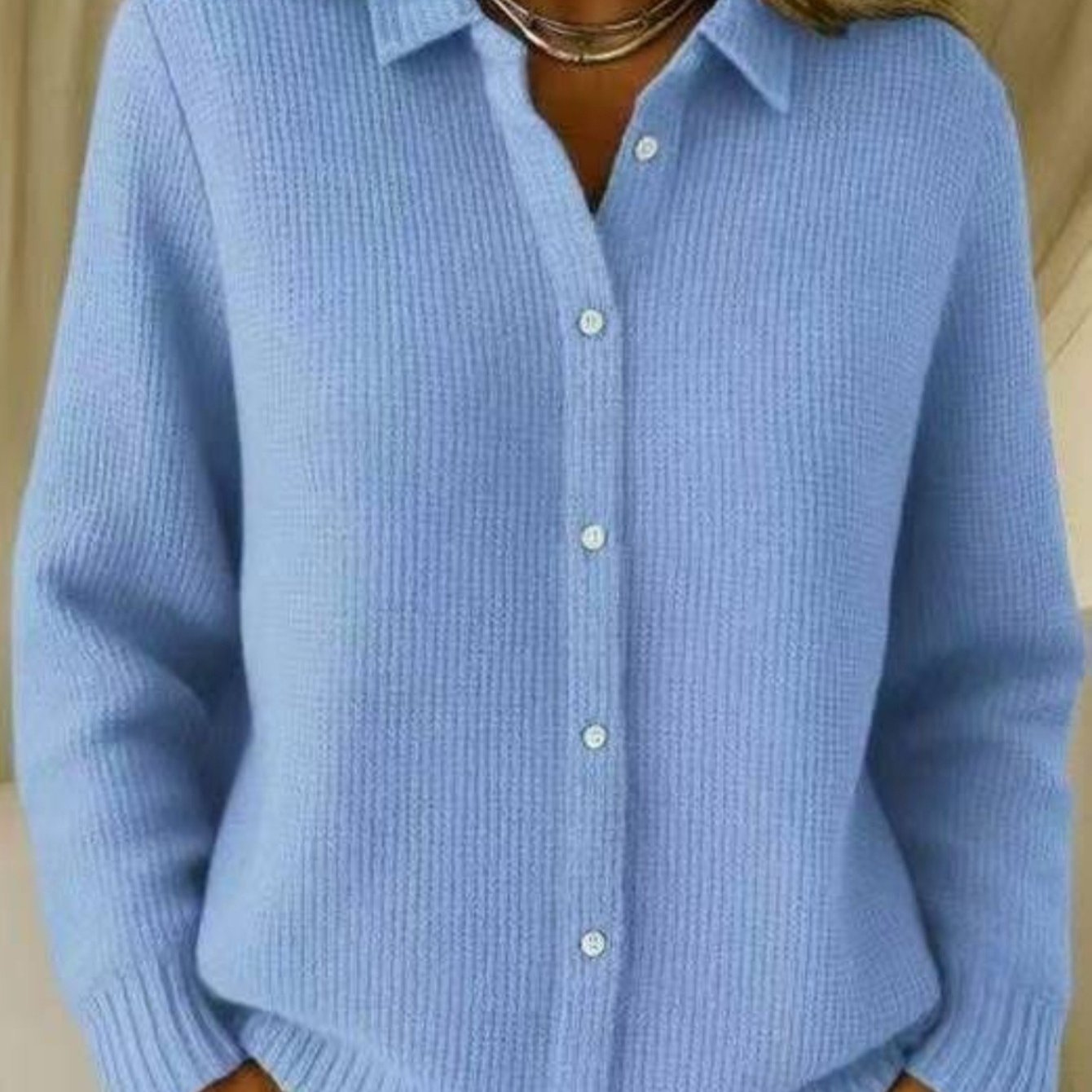 TEMU 2026 New Women's Collar Cardigan, Button-front Loose Ribbed Style, Soft Casual Design, Suitable For Daily & Leisure Moments