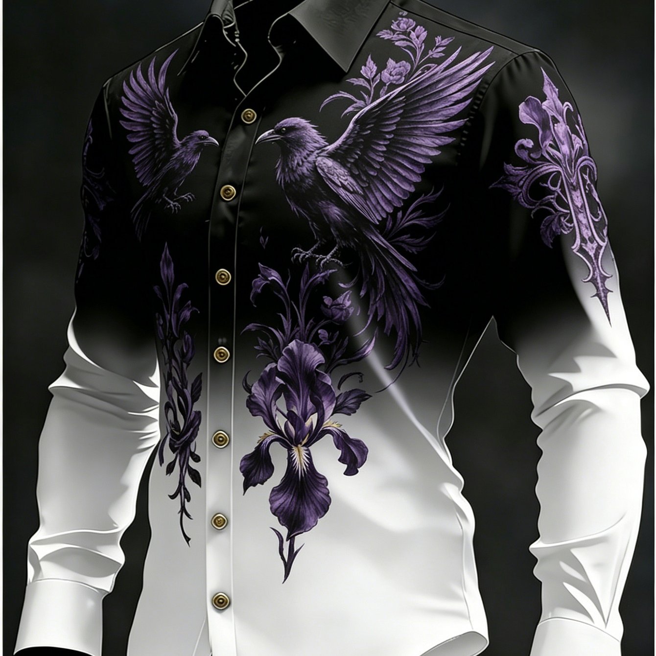 Image of Men's Gothic Vintage Turn- Collar Purple Crow Iris Digital Printed Gradient Long Sleeve Shirt, Casual Wear - Men's Gift Camping Fishing Party Dances Halloween Back To School Outfits