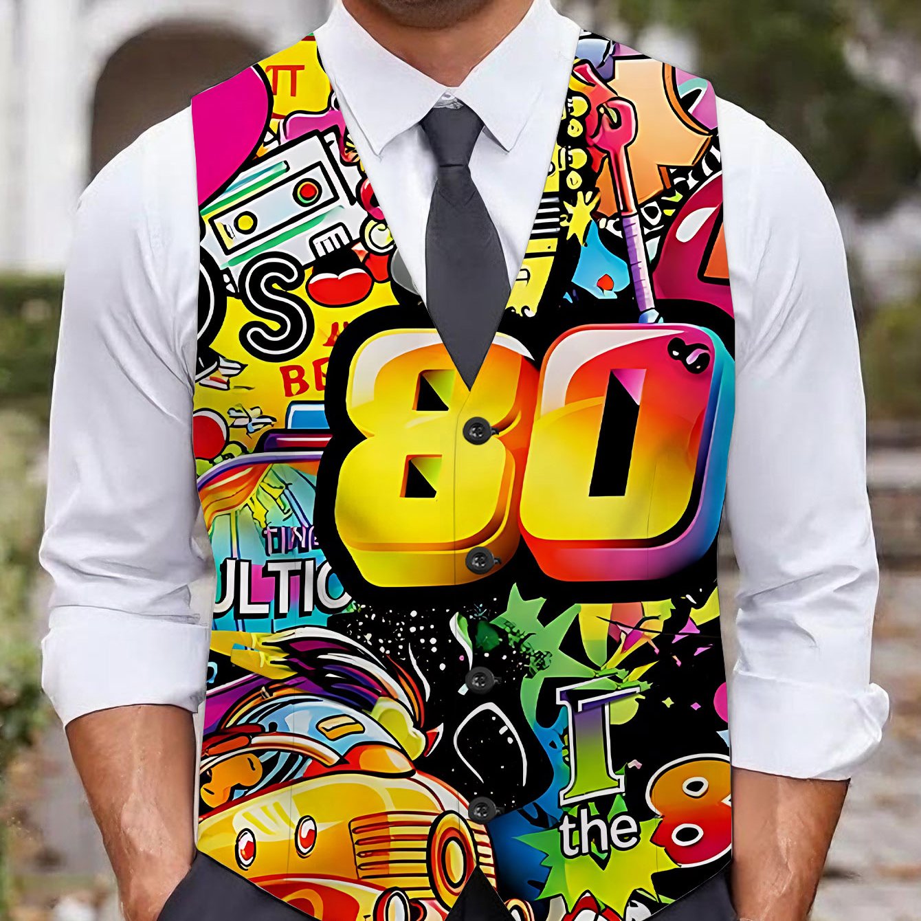 TEMU [print Design - Not Textured] Trendy Casual Men's Plus Size Vest, 80s Colorful Graffiti Style, Fashionable And Comfortable Street Style,