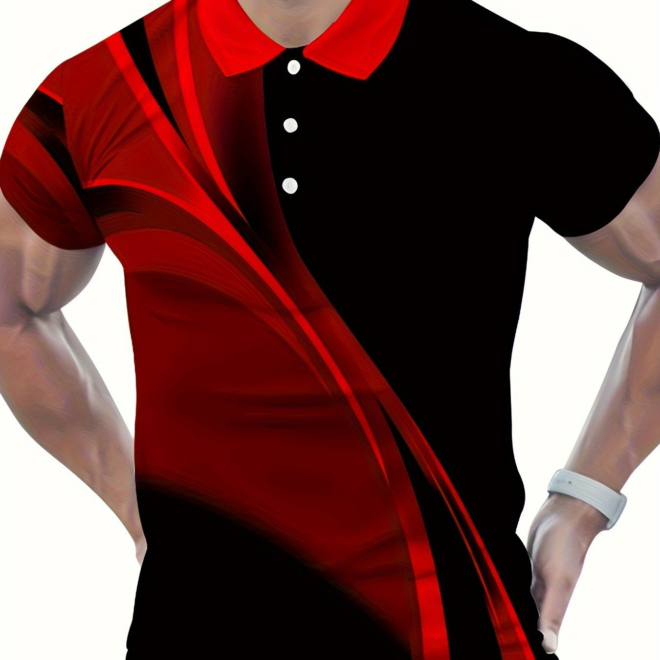 TEMU Men's Black And Red Diagonal Dynamic Stripe Shirt, Contrast Color Lapel Short Sleeve T-shirt, Summer Casual Business Golf Top