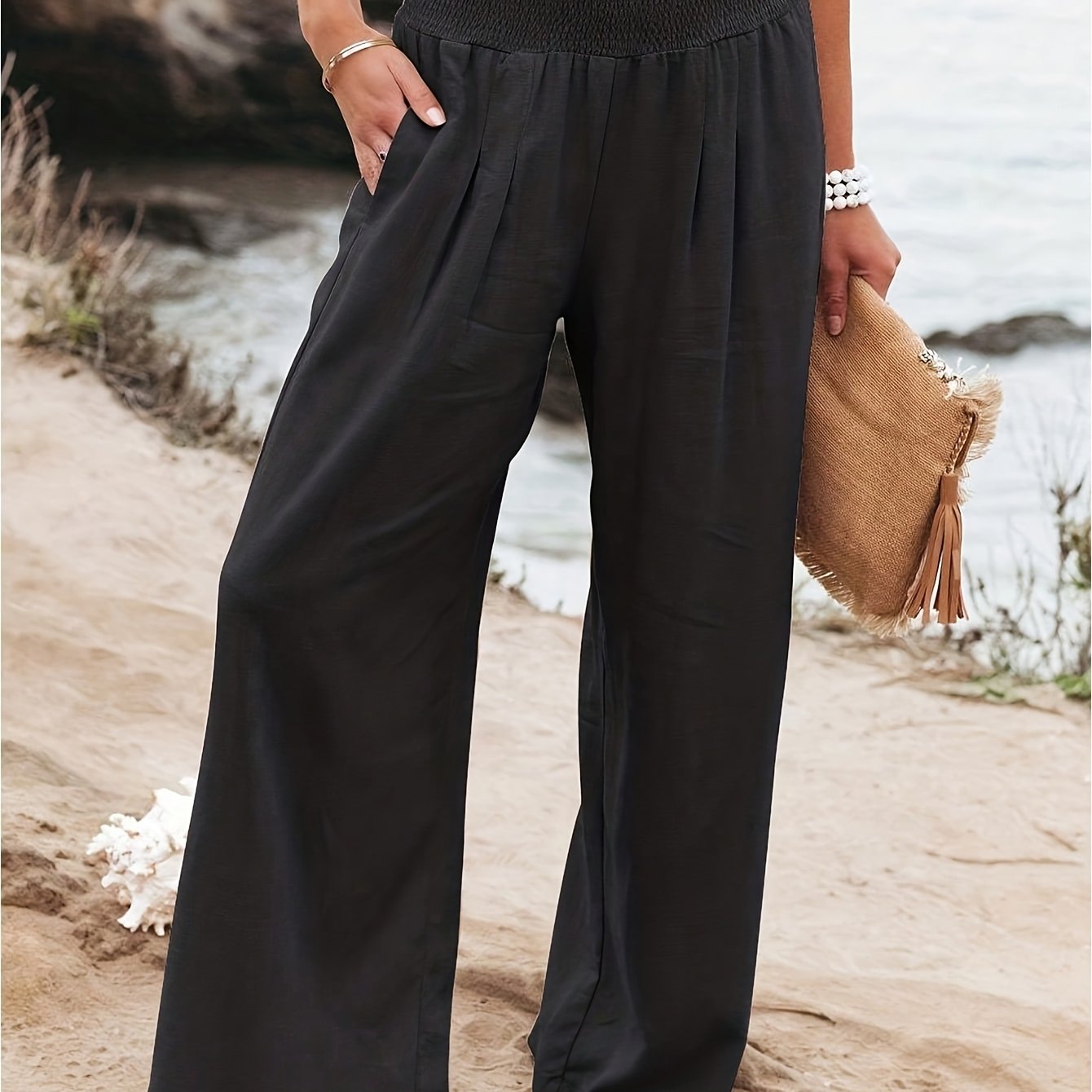 Women's Wide-leg Trousers With Elastic Waist - Solid Color Non- Pants Suitable For Spring/summer, Wide-leg For, Casual & Casual Attire, Machine Washable Trousers For Office, Business & Lounge (no )