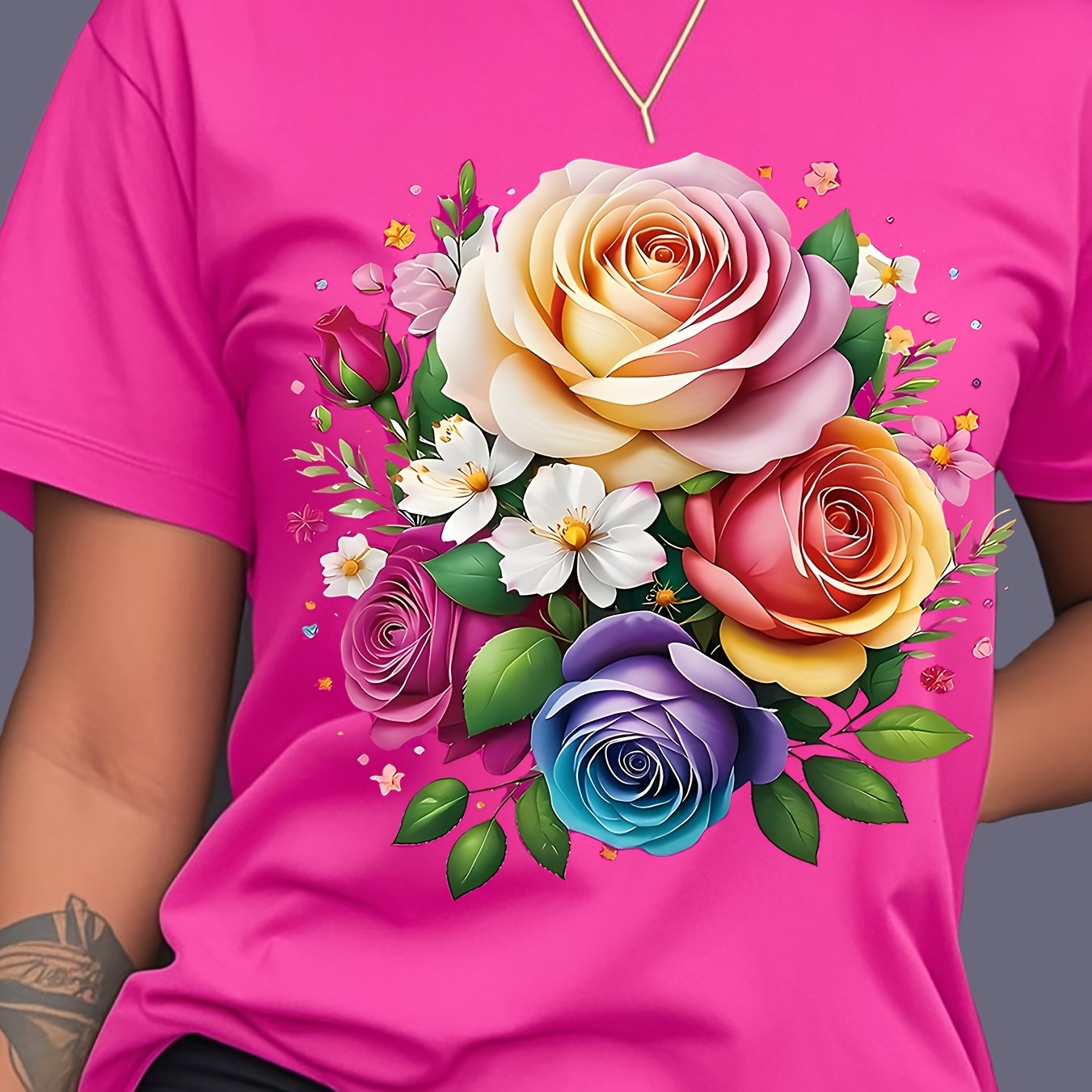 TEMU Women's Usa T-shirt - Watercolor Flowers Print With Vintage Vibe, Lightweight Breathable Spring Top