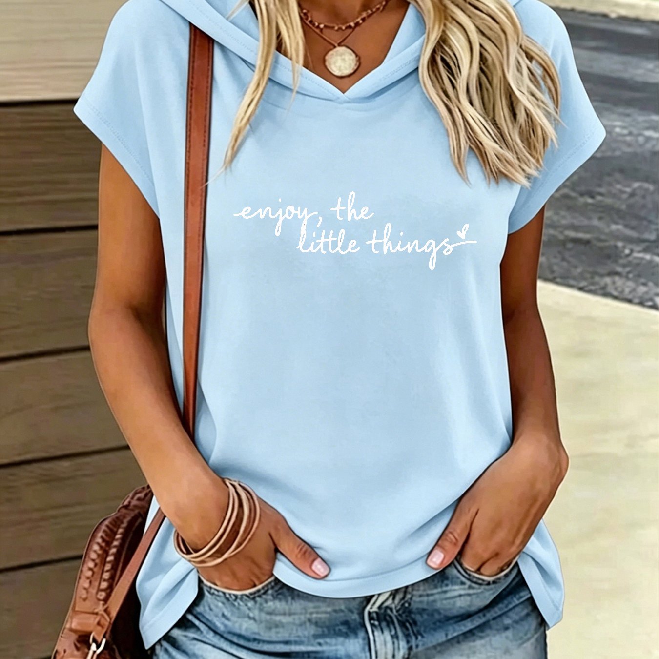 TEMU Hooded T-shirt For Women - Oversized Relaxed Fit With Rolled Short Sleeves And V-neck, 'enjoy ' Cursive Print, Curved Hem Casual Summer Tee -