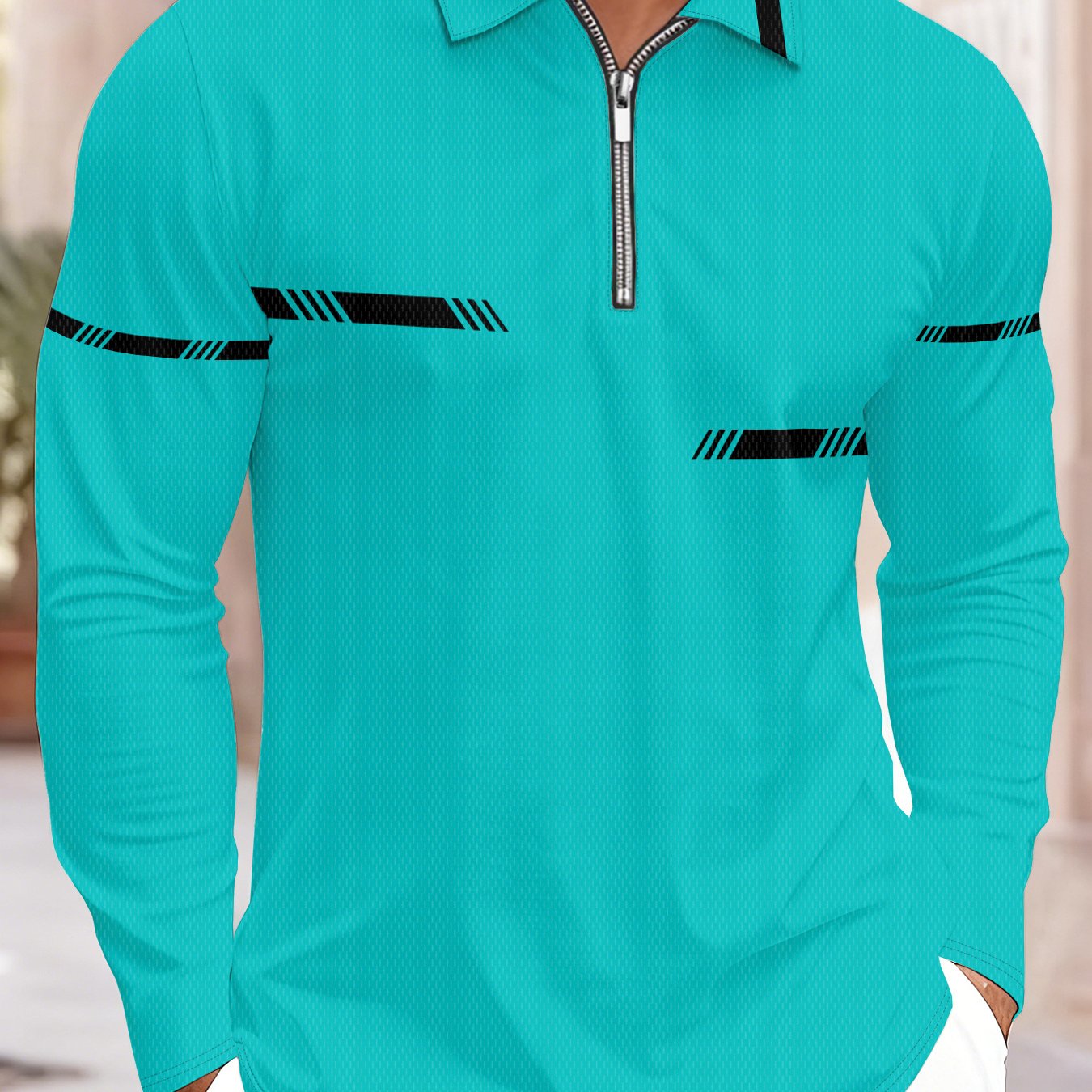 Image of New Arrival Men's Half-zip Color-block Lapel Long-sleeve Shirt, White Mesh Fabric With Thin Diagonal Striped Geometric Print Decoration, Breathable Business Top, Plus Size