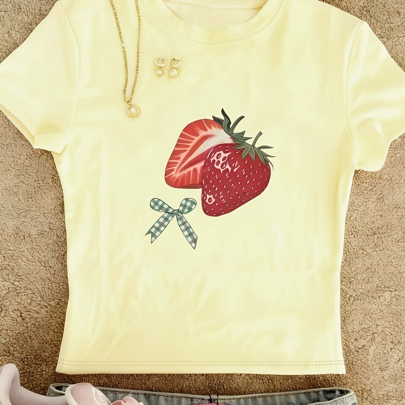 TEMU 00008-women's Top Popular Strawberry Print Fashionable Suitable For Commuting Versatile Design Ins Short-sleeved T-shirt-ljq2269