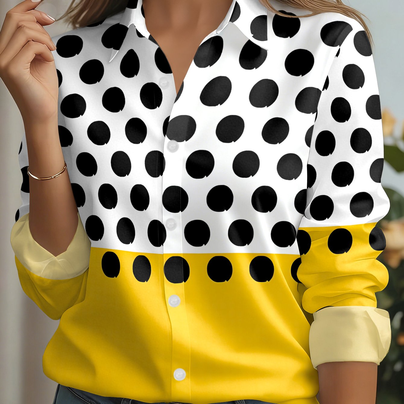 TEMU New Women's Casual Long-sleeve Shirt With Black And White Polka Dot Upper Half And Yellow Printed Lower Half, Versatile Lapel Button-up Top